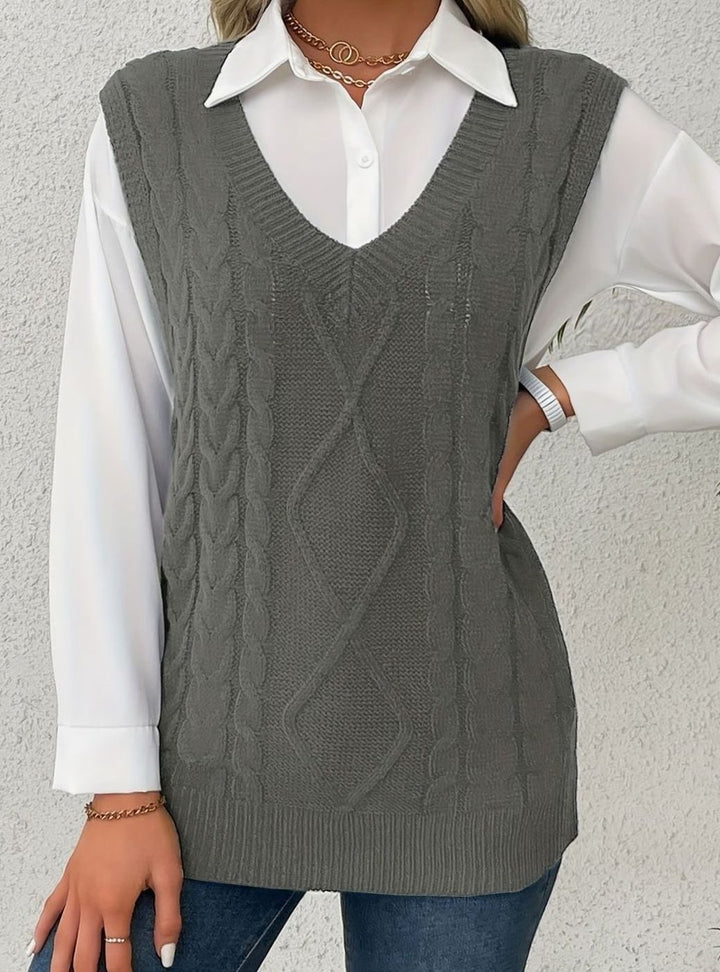 Women's Cable-Knit V-Neck Sweater Vest Relaxed Layering Pullover