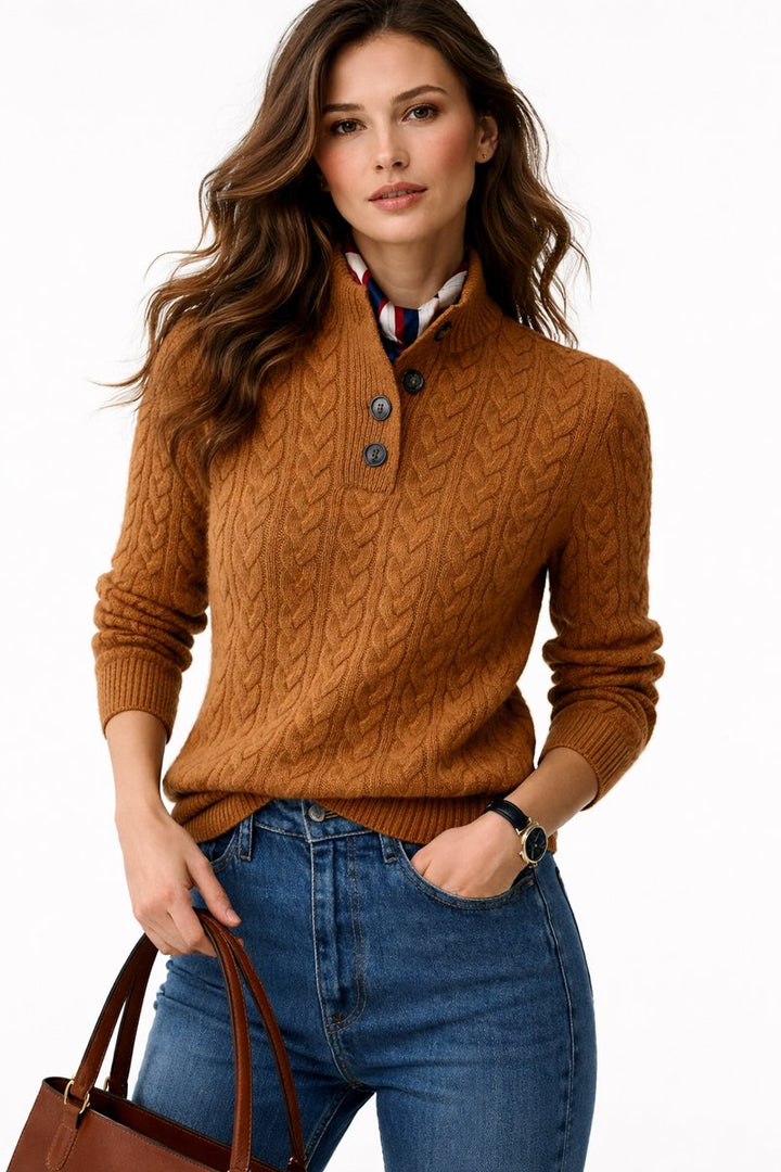 Women's Cable Knit Wool Blend Mock Neck Button Sweater - Brown