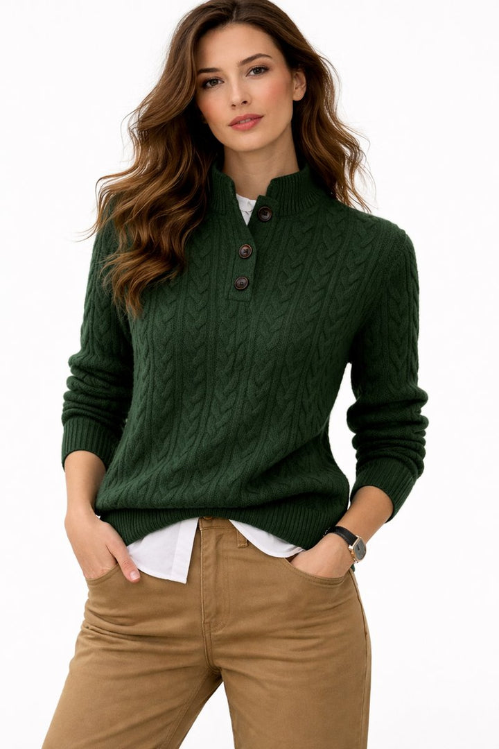 Women's Cable Knit Wool Blend Mock Neck Button Sweater - Green