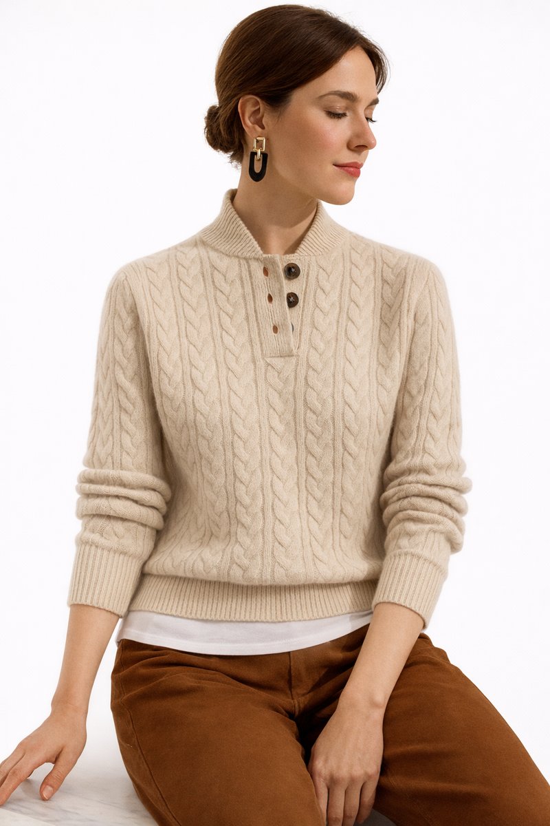 Women's Cable Knit Wool Blend Mock Neck Button Sweater - Khaki