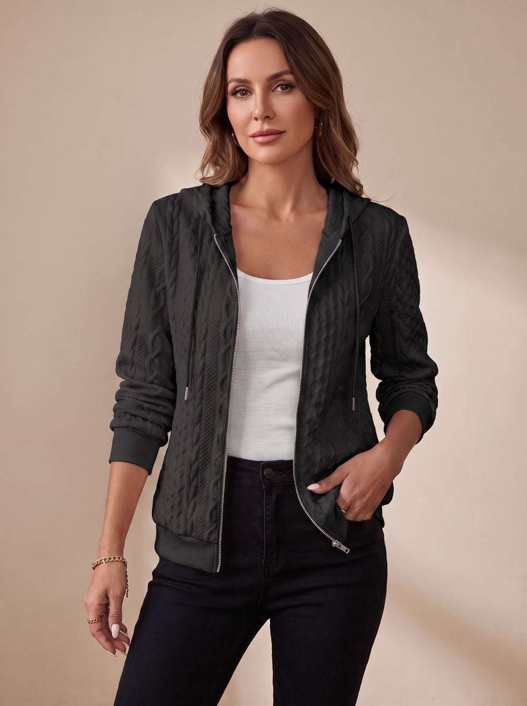 Women's Cable-Knit Zip-Up Hooded Jacket - Black