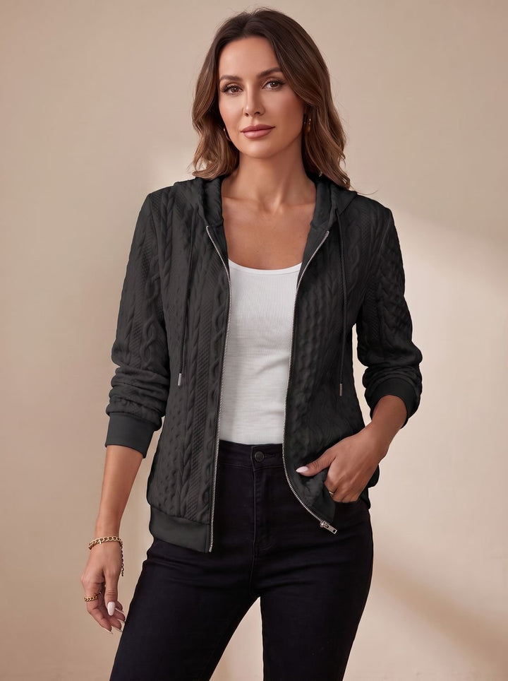 Women's Cable-Knit Zip-Up Hooded Jacket - Black