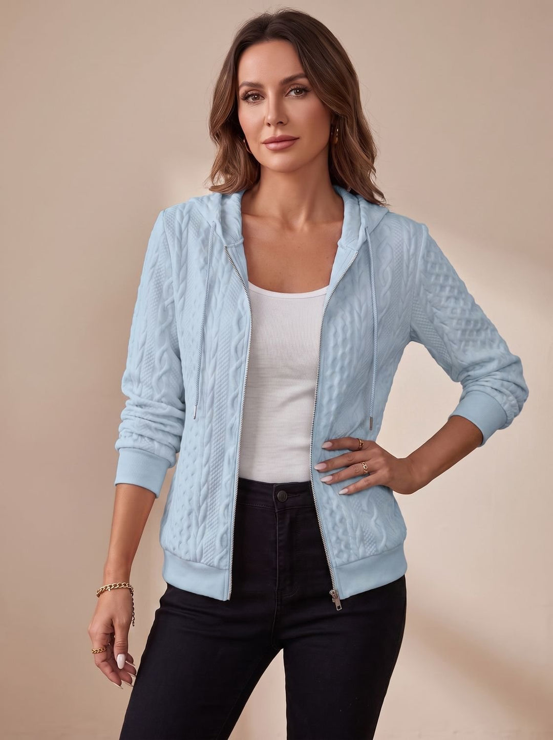 Women's Cable-Knit Zip-Up Hooded Jacket - Sky Blue