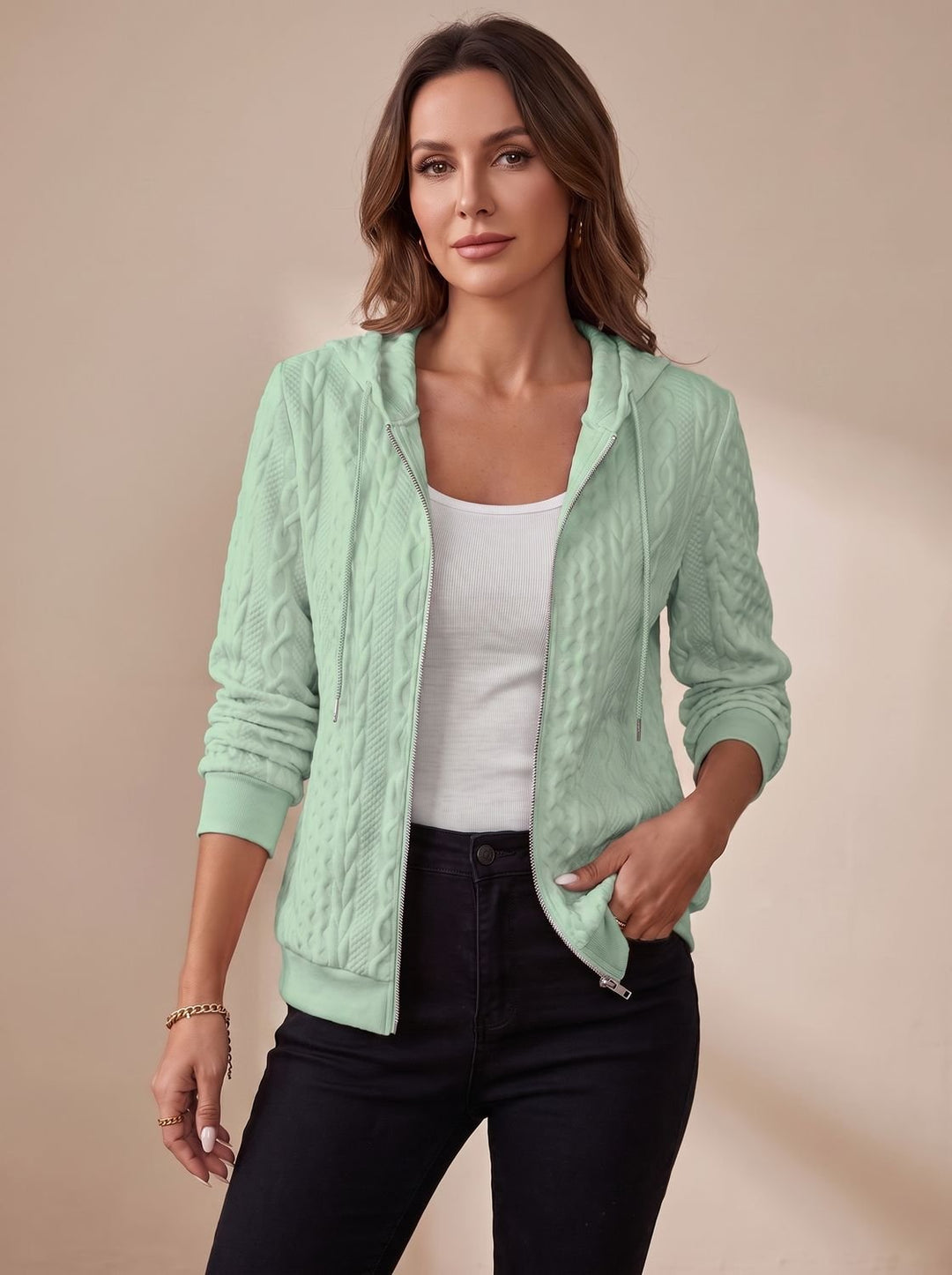 Women's Cable-Knit Zip-Up Hooded Jacket - Green