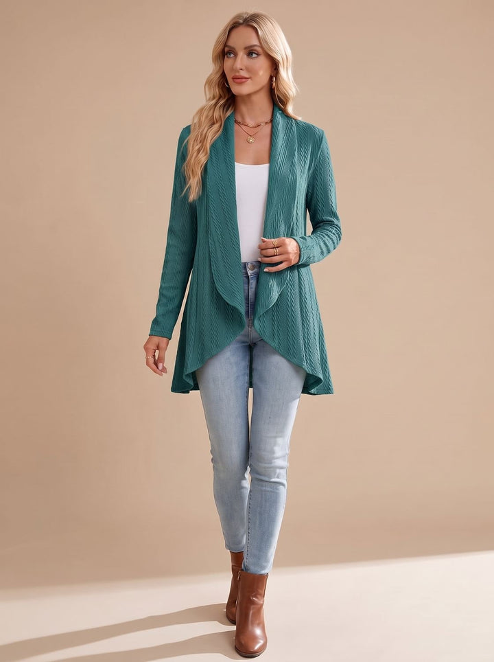 Women's Cable-Textured Open-Front Long-Sleeve Cardigan - Green