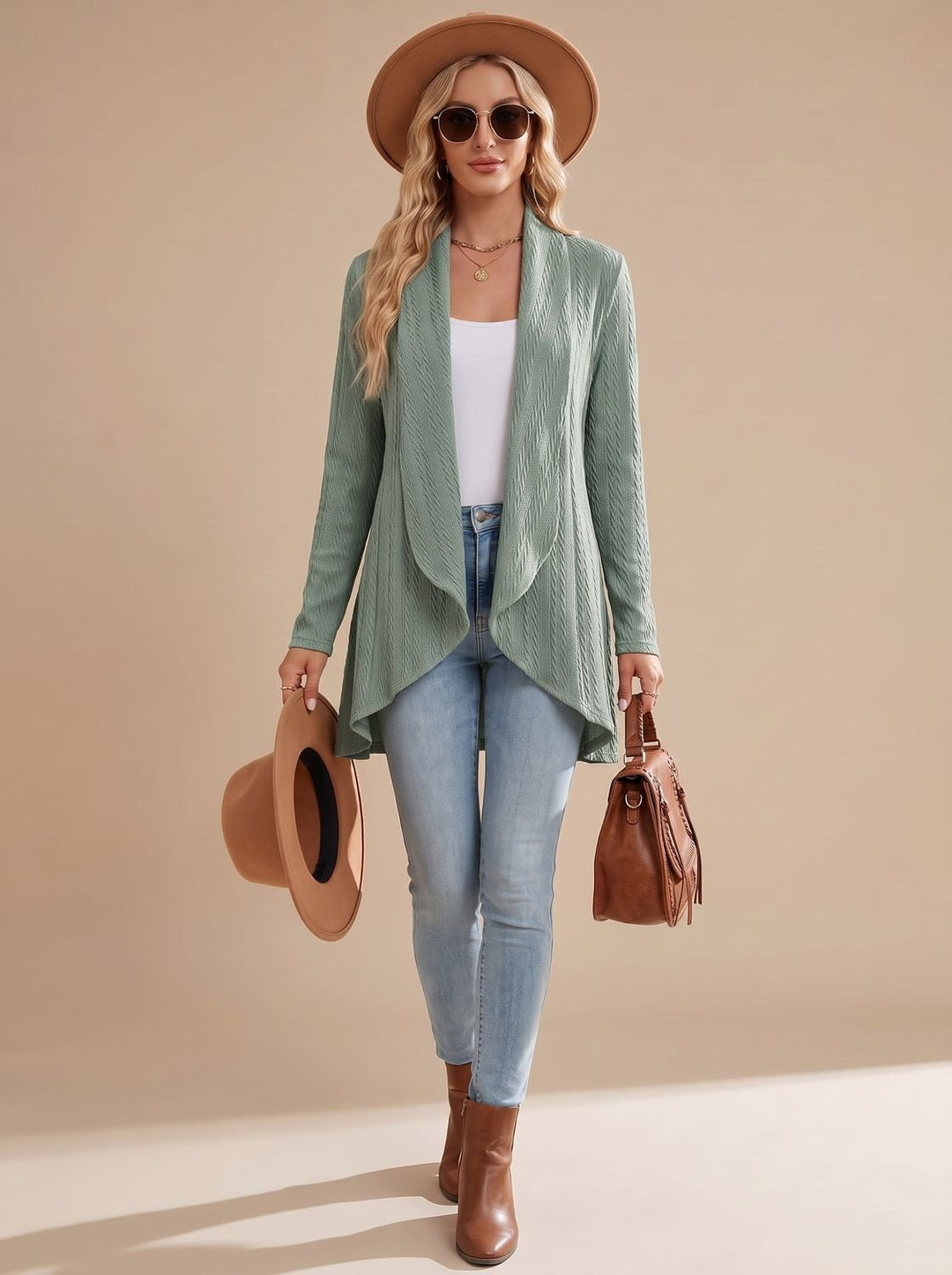 Women's Cable-Textured Open-Front Long-Sleeve Cardigan
