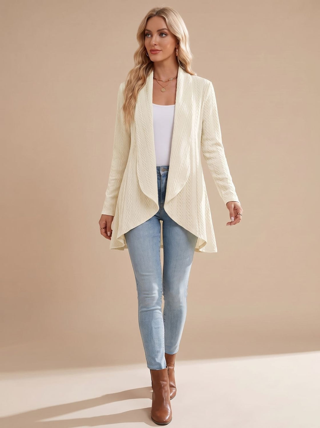 Women's Cable-Textured Open-Front Long-Sleeve Cardigan - Beige