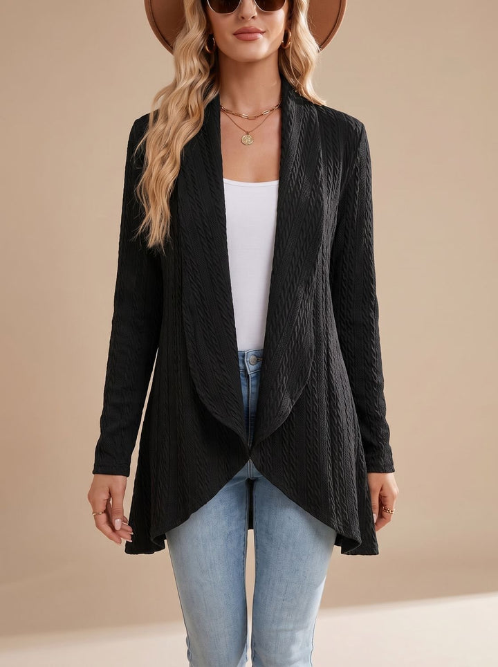 Women's Cable-Textured Open-Front Long-Sleeve Cardigan - Black