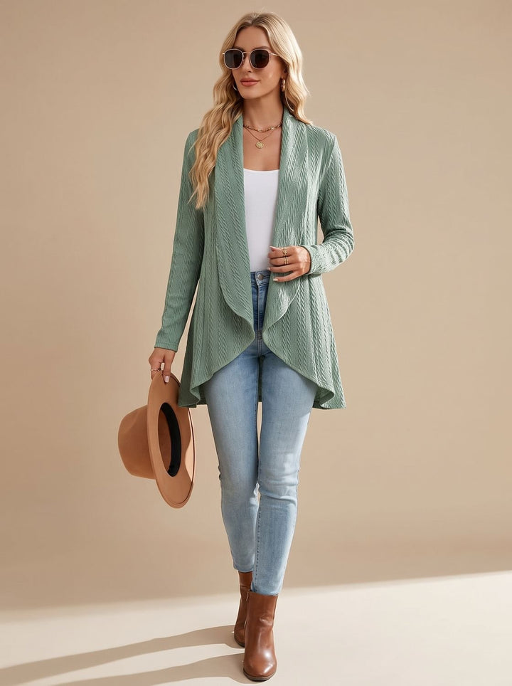 Women's Cable-Textured Open-Front Long-Sleeve Cardigan - Light Green