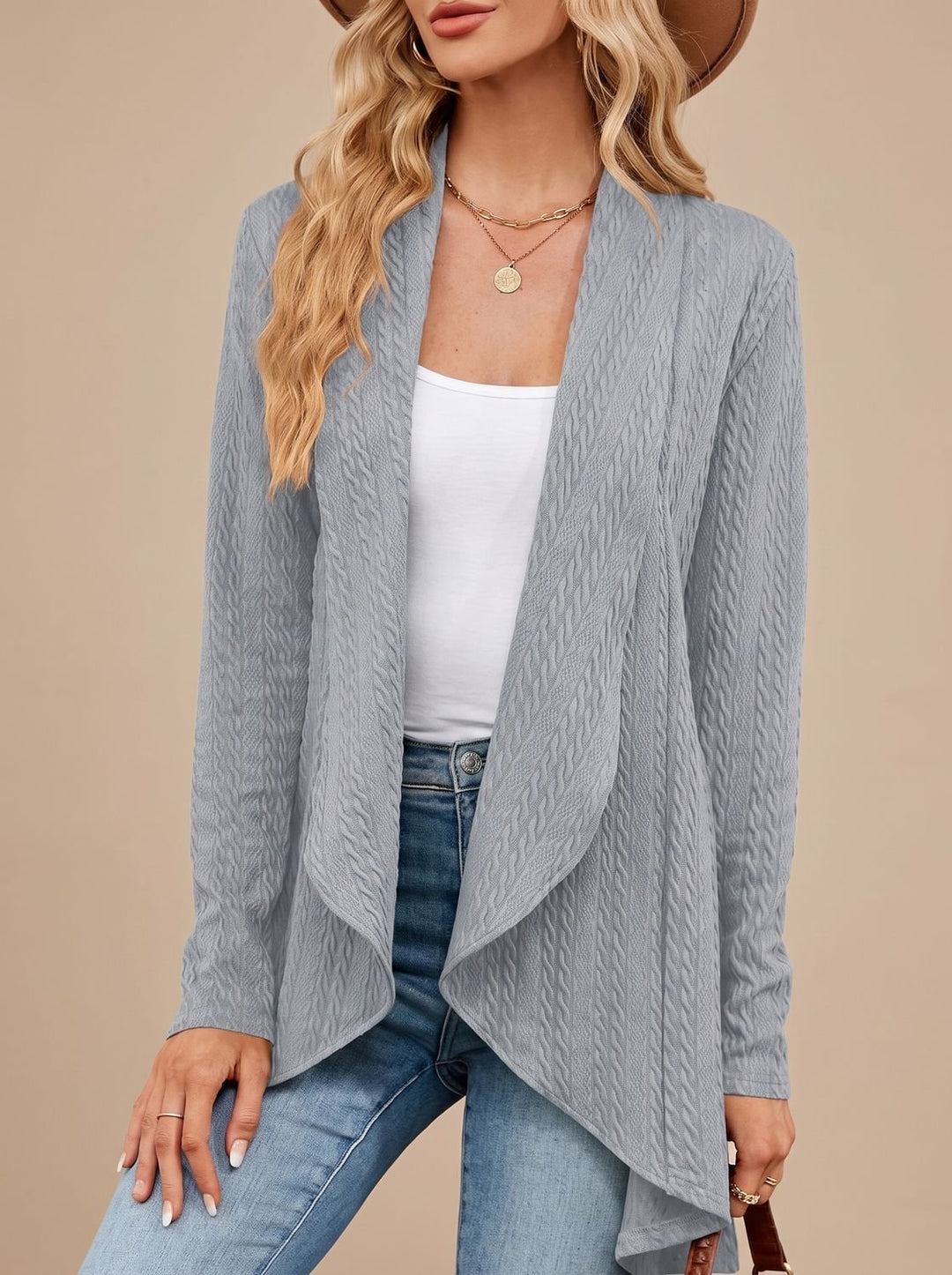 Women's Cable-Textured Open-Front Long-Sleeve Cardigan - Grey