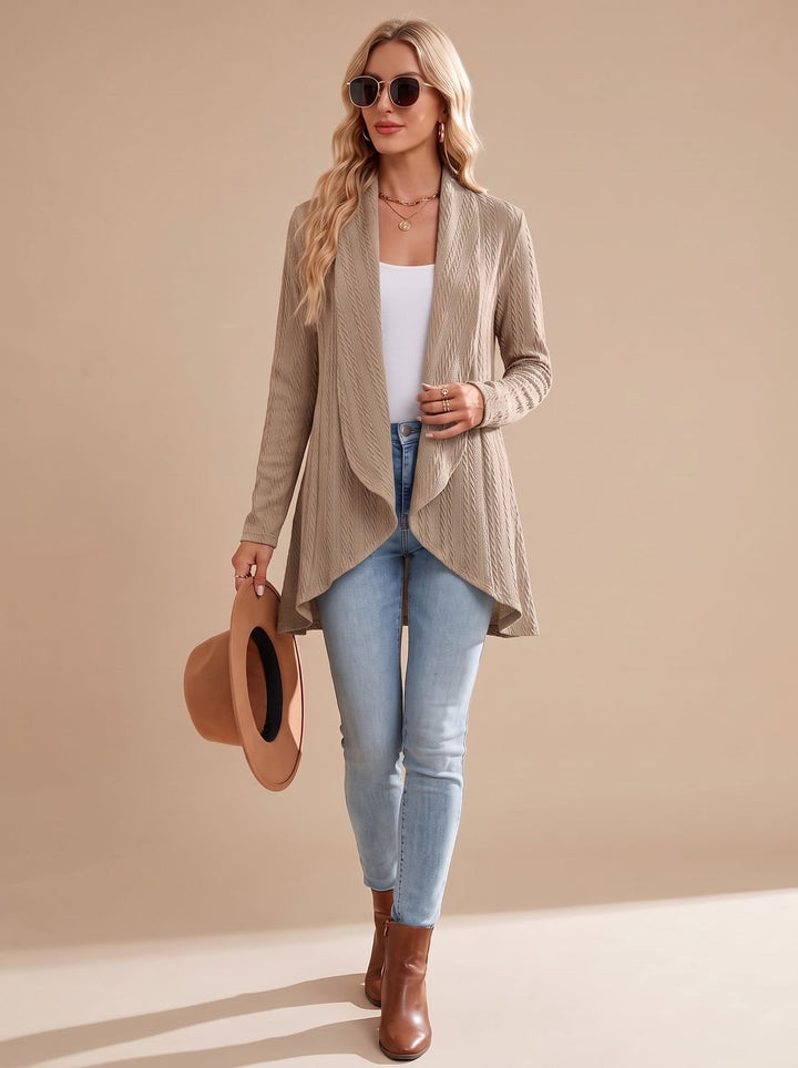 Women's Cable-Textured Open-Front Long-Sleeve Cardigan - Khaki