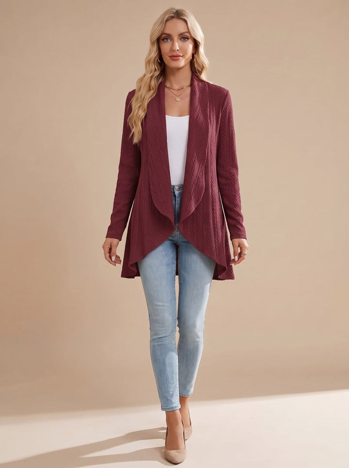 Women's Cable-Textured Open-Front Long-Sleeve Cardigan - Red