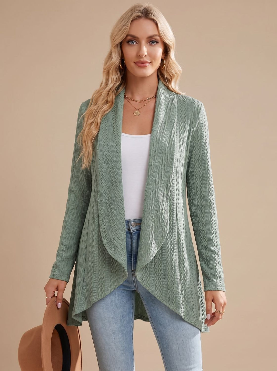 Women's Cable-Textured Open-Front Long-Sleeve Cardigan