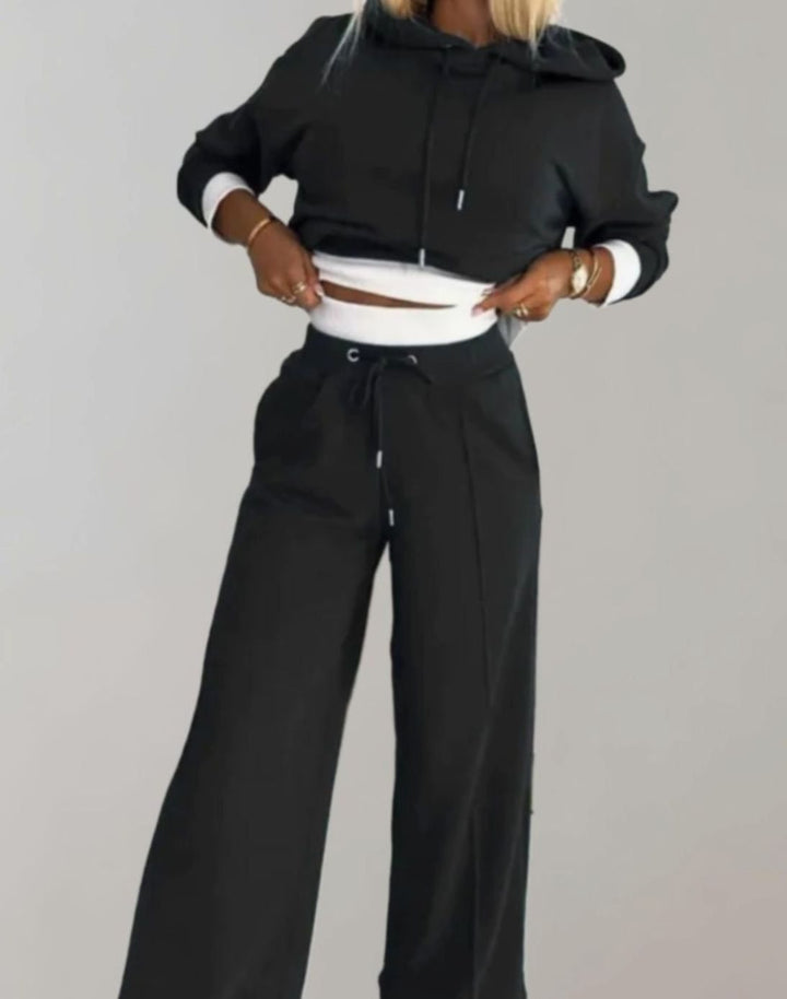 Women's Casual Cropped Hoodie Wide-Leg Tracksuit Set - Black