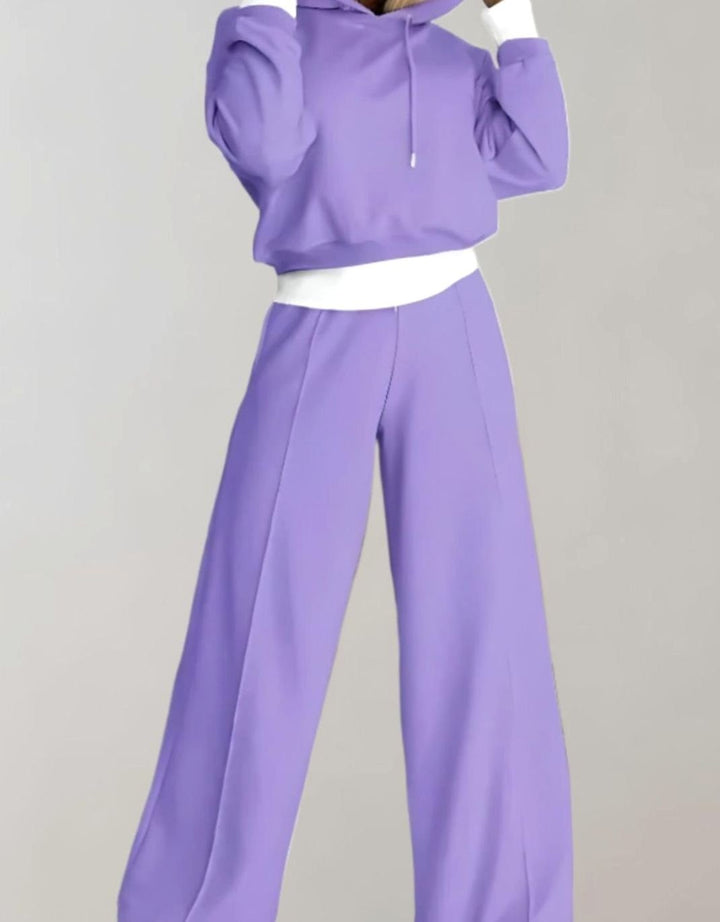 Women's Casual Cropped Hoodie Wide-Leg Tracksuit Set - Purple