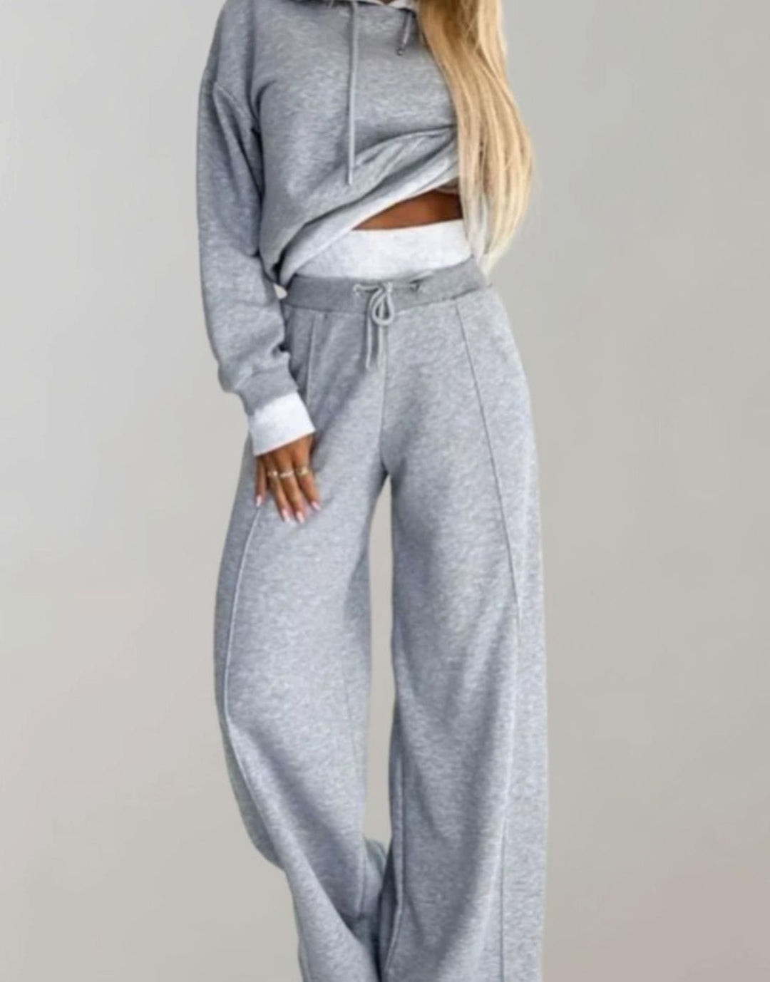 Women's Casual Cropped Hoodie Wide-Leg Tracksuit Set - Grey