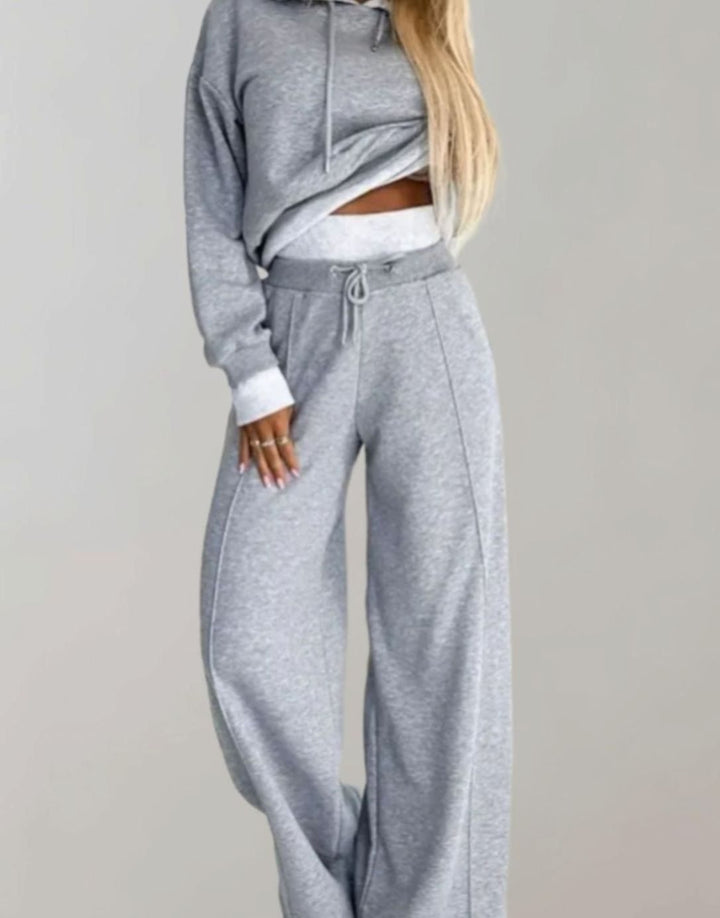 Women's Casual Cropped Hoodie Wide-Leg Tracksuit Set - Grey