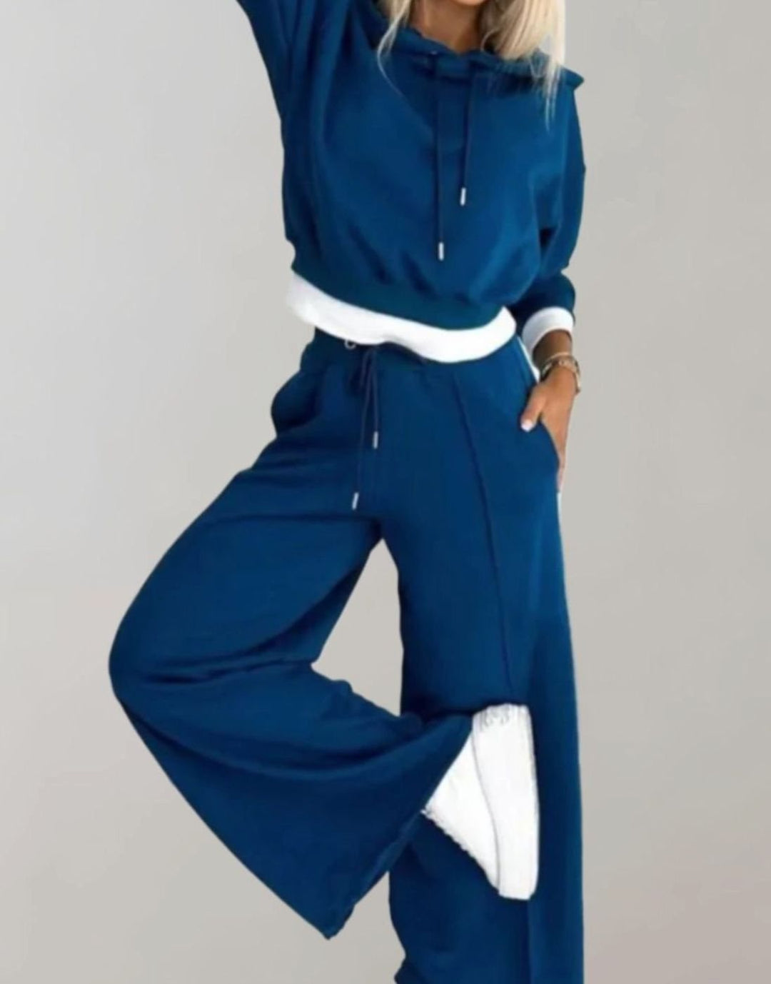 Women's Casual Cropped Hoodie Wide-Leg Tracksuit Set - Blue