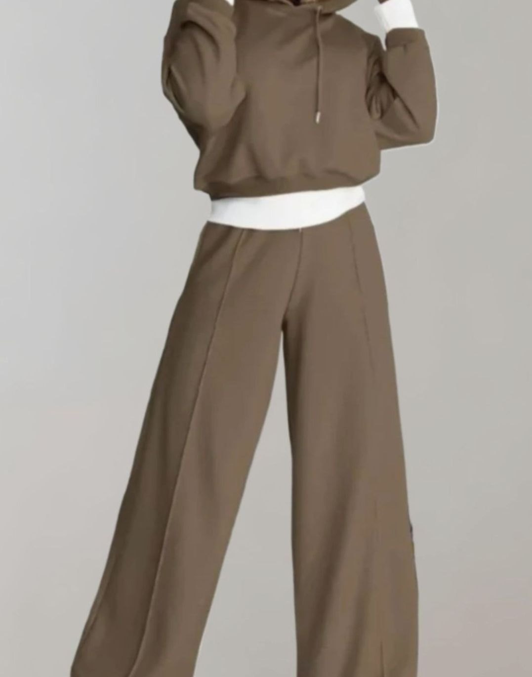 Women's Casual Cropped Hoodie Wide-Leg Tracksuit Set - Brown
