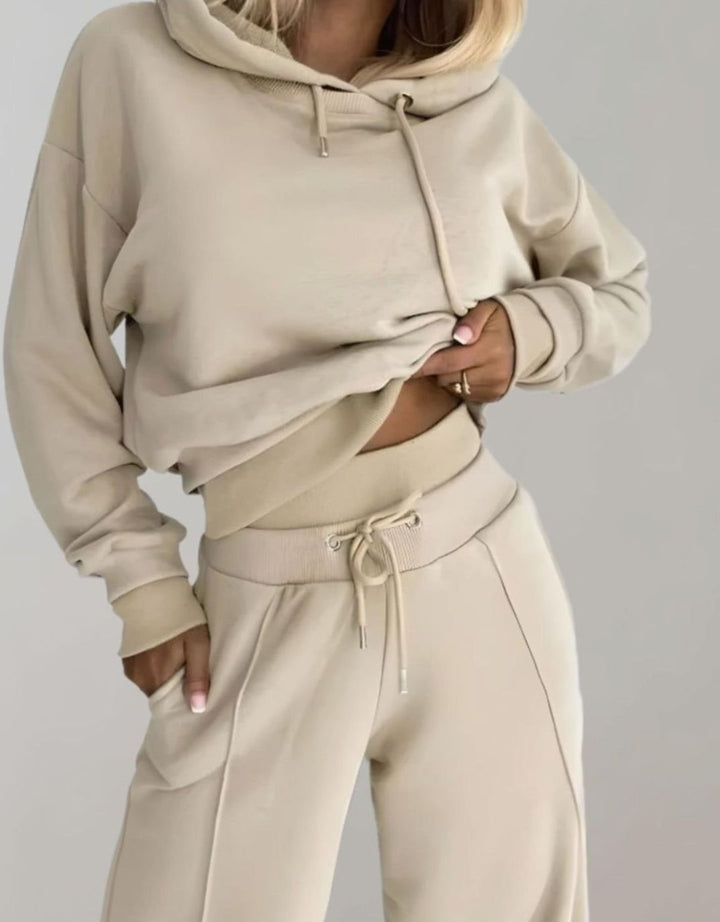 Women's Casual Cropped Hoodie Wide-Leg Tracksuit Set - Beige