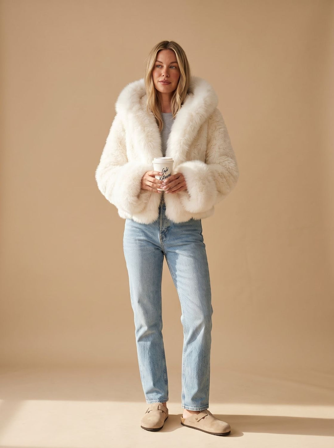 Women's Casual Faux Fur Hooded Cropped Coat - White