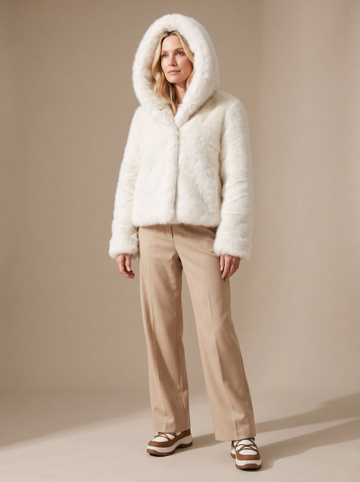 Women's Casual Faux Fur Hooded Cropped Coat