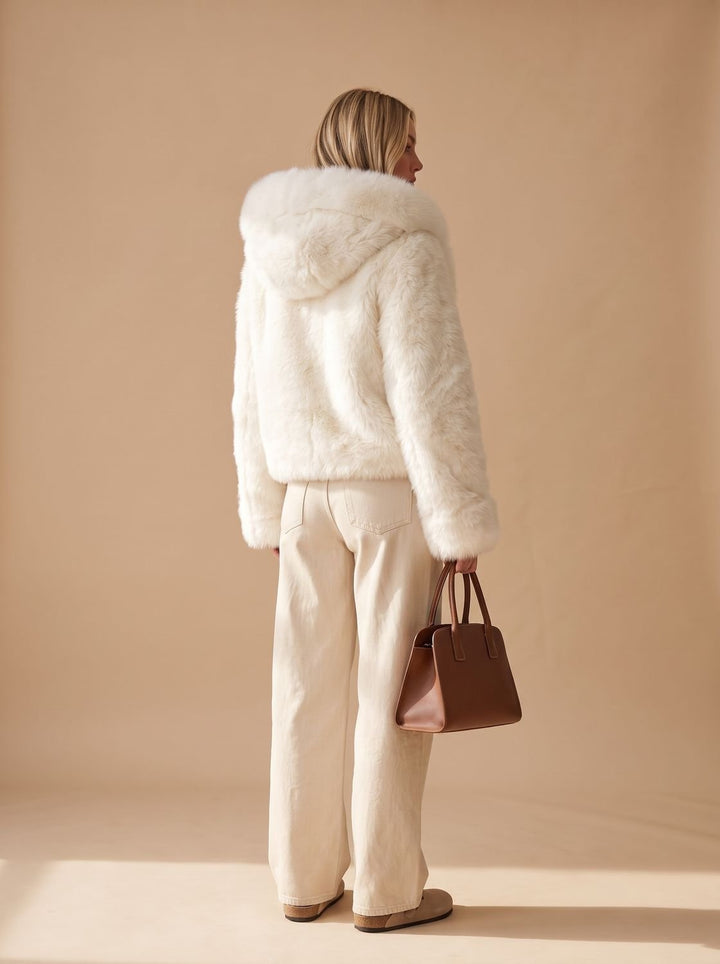 Women's Casual Faux Fur Hooded Cropped Coat