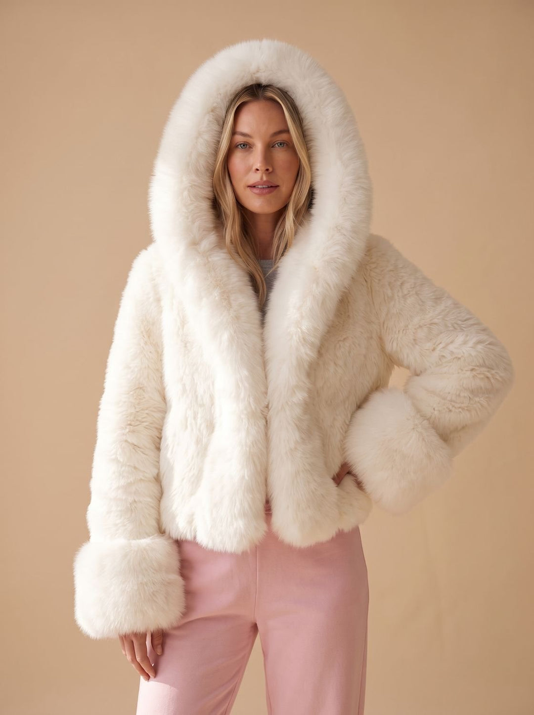 Women's Casual Faux Fur Hooded Cropped Coat
