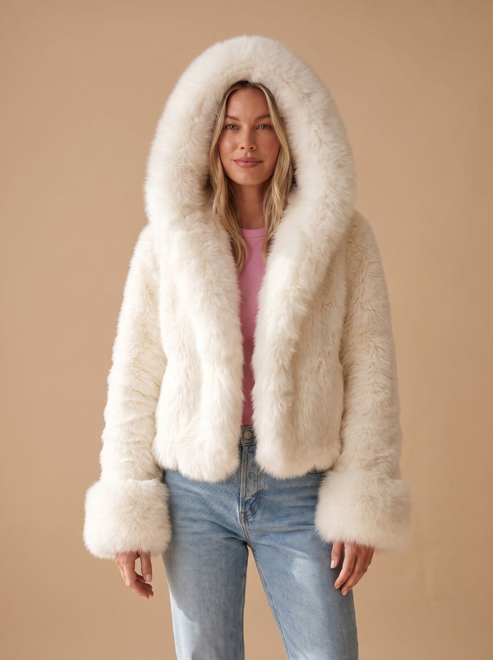 Women's Casual Faux Fur Hooded Cropped Coat
