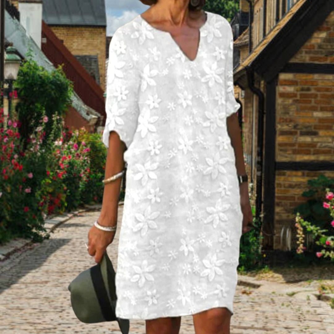 Women's Casual Floral Appliqué V-Neck Short-Sleeve Midi Dress - White