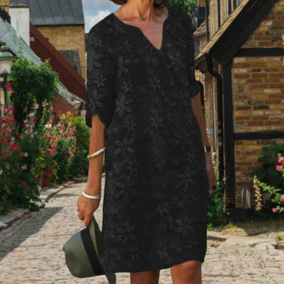 Women's Casual Floral Appliqué V-Neck Short-Sleeve Midi Dress - Black