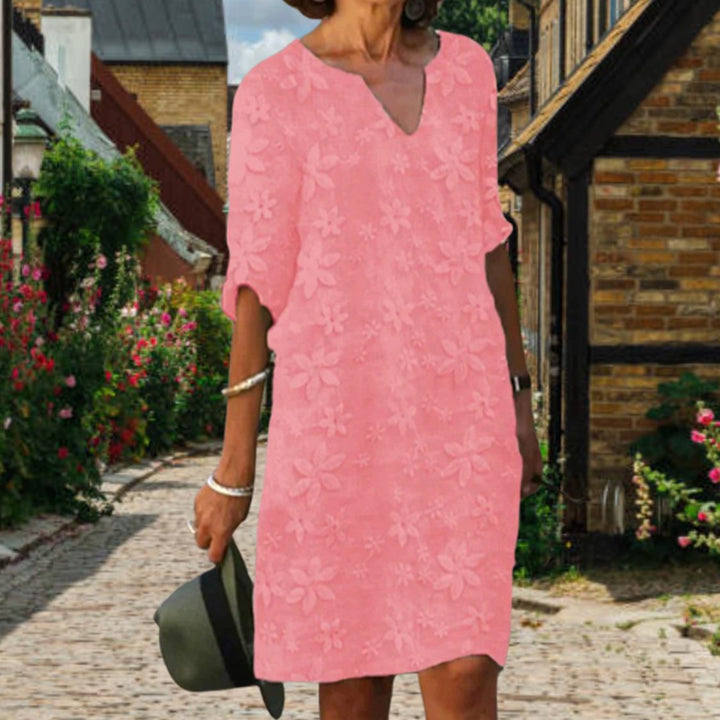 Women's Casual Floral Appliqué V-Neck Short-Sleeve Midi Dress - Pink