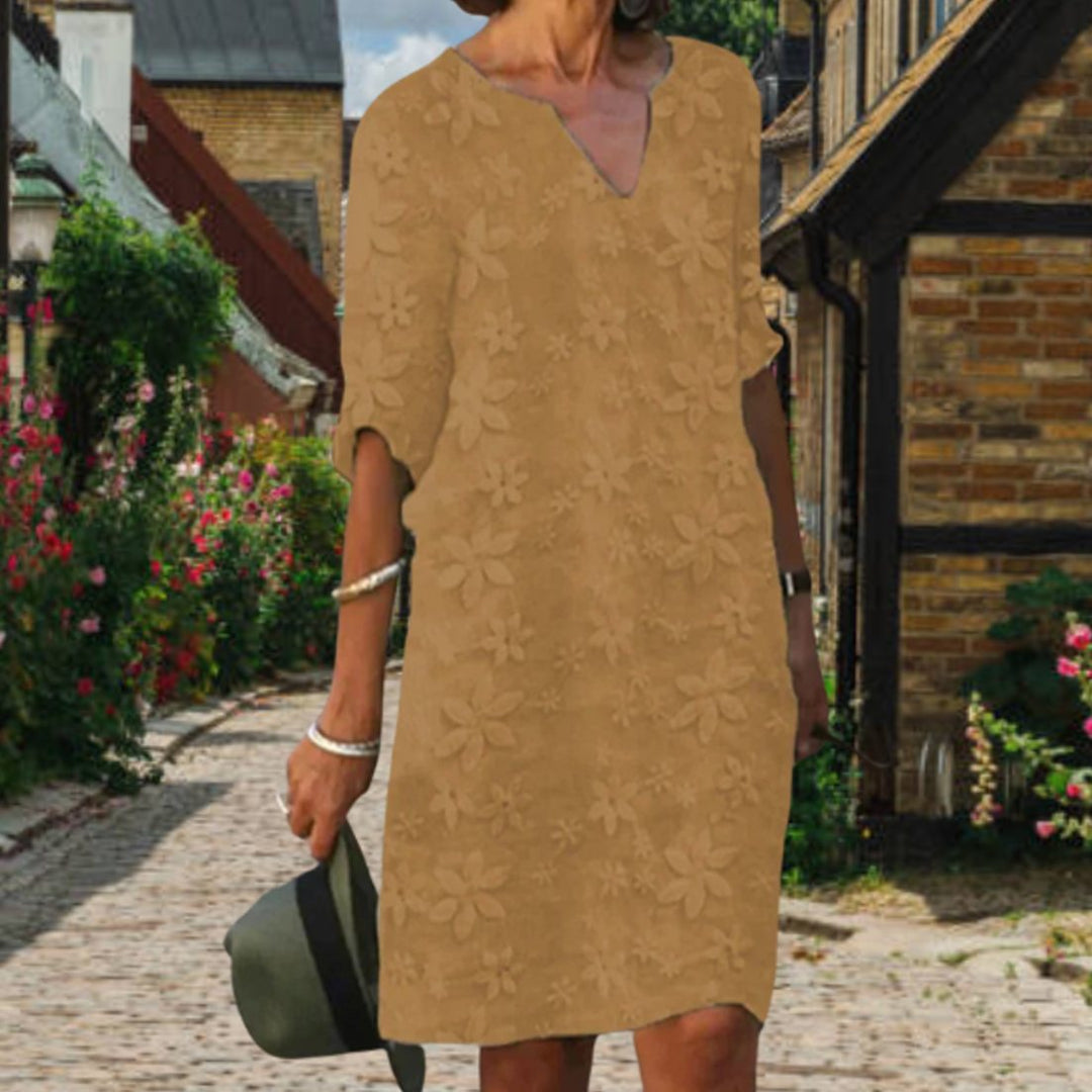 Women's Casual Floral Appliqué V-Neck Short-Sleeve Midi Dress - Khaki