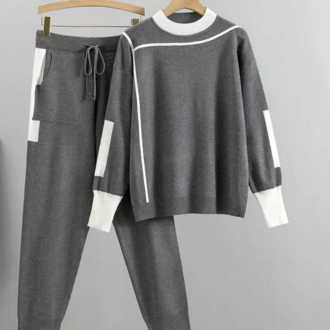 Women's Casual Knit Contrast-Trim Sweater Pants Set - Gray