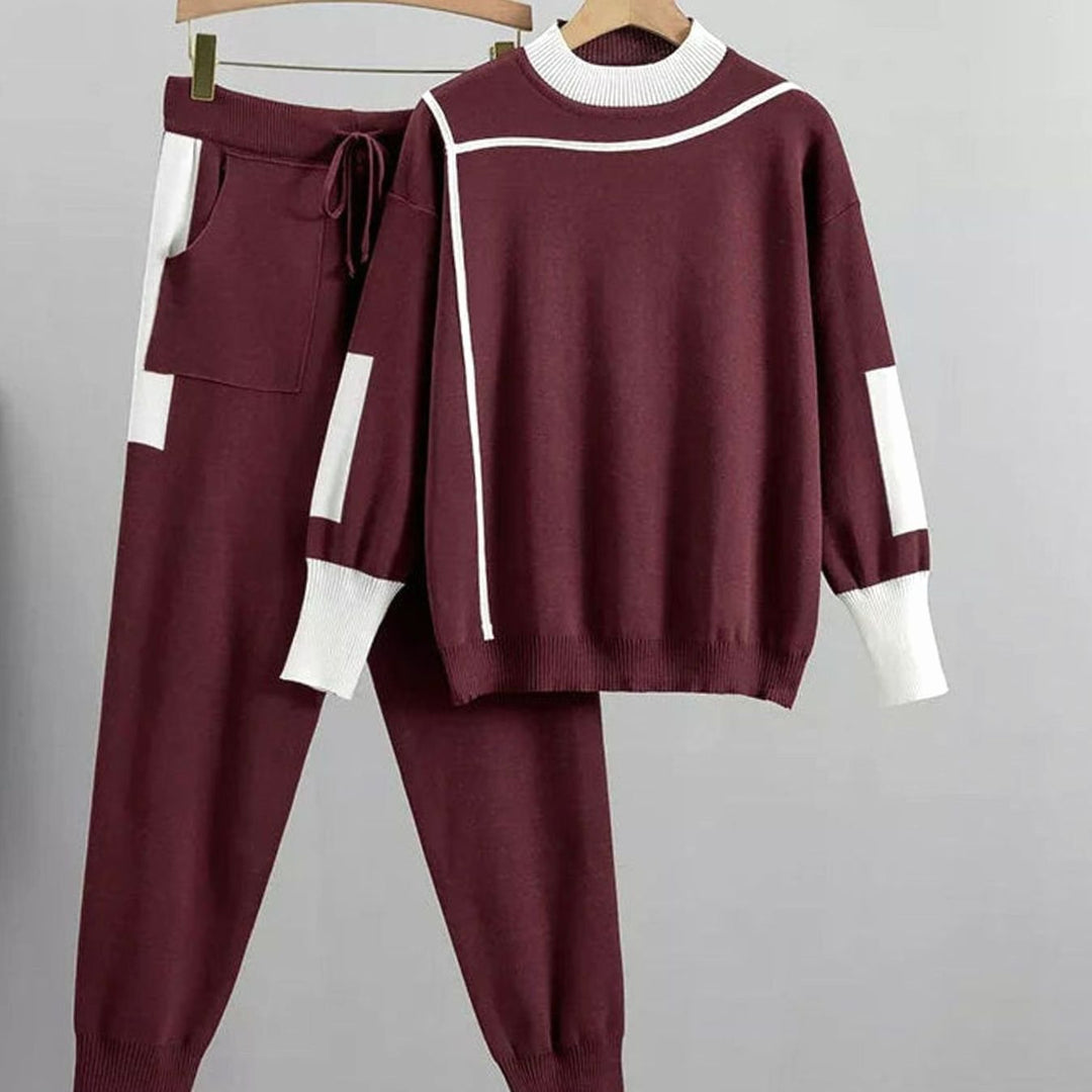 Women's Casual Knit Contrast-Trim Sweater Pants Set - Red