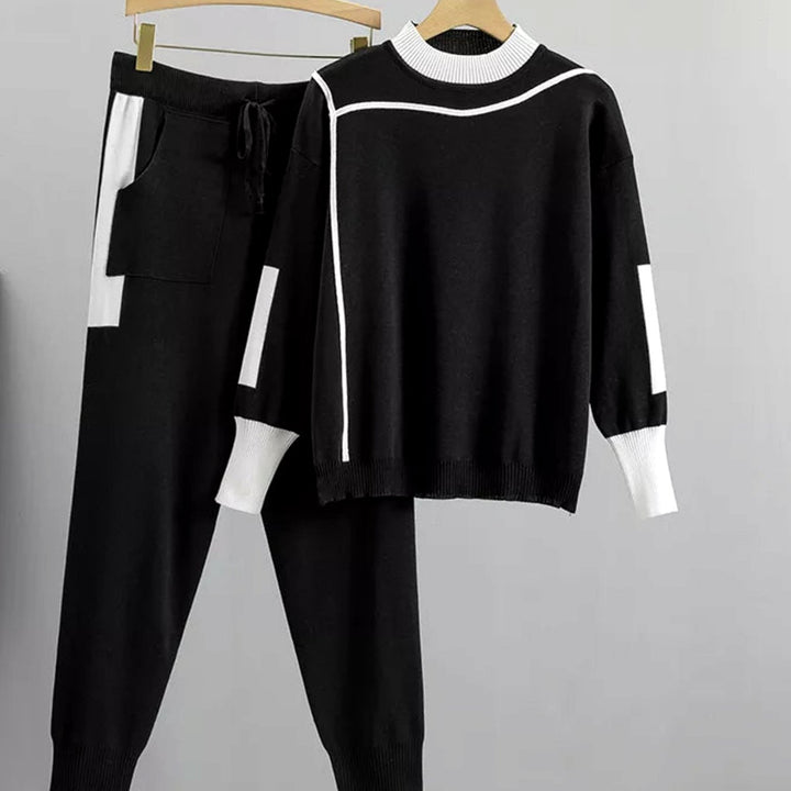 Women's Casual Knit Contrast-Trim Sweater Pants Set - Black