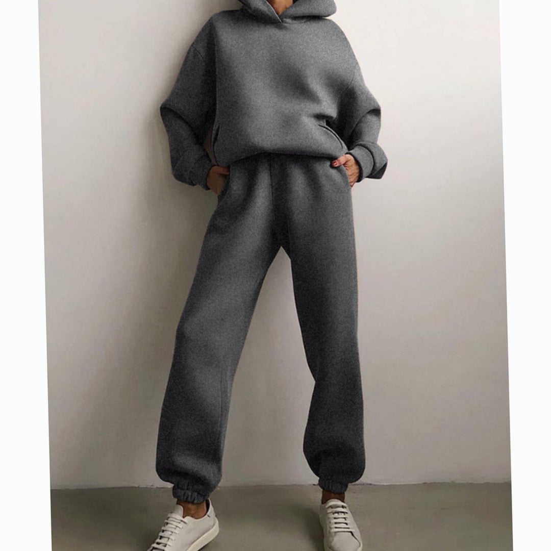Women's Casual Loose-Fit Hoodie Jogger Two-Piece Set - Dark Gray