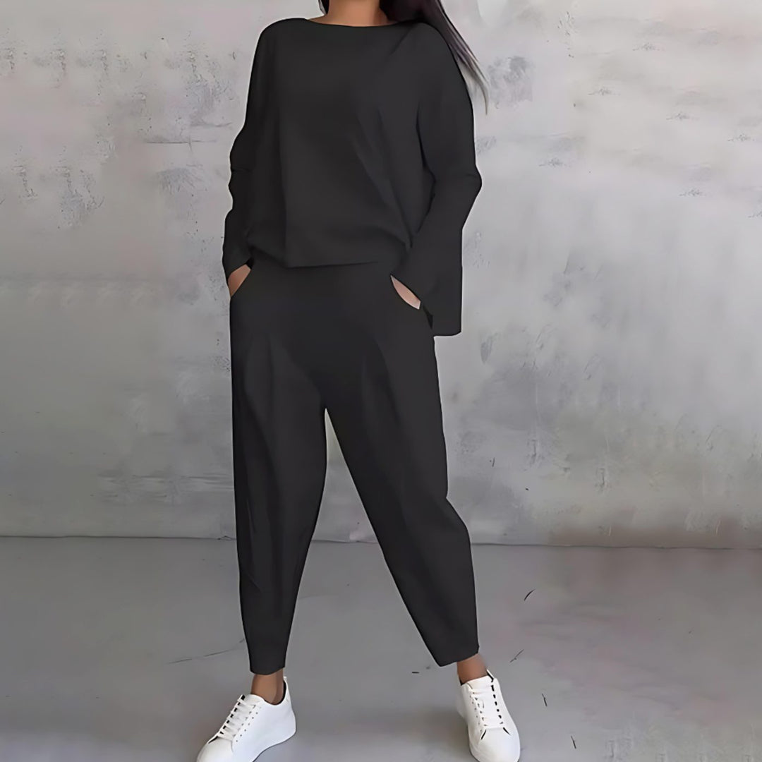 Women's Casual Loose-Fit Long-Sleeve Top Tapered Pants Two-Piece Set - Black