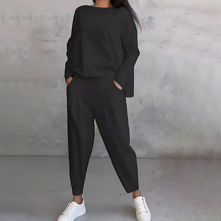 Women's Casual Loose-Fit Long-Sleeve Top Tapered Pants Two-Piece Set - Black