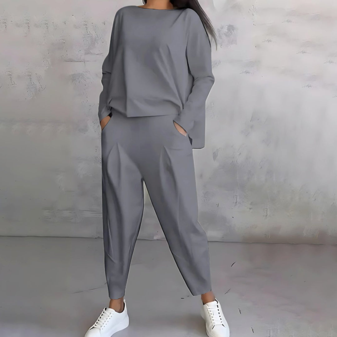 Women's Casual Loose-Fit Long-Sleeve Top Tapered Pants Two-Piece Set - Gray