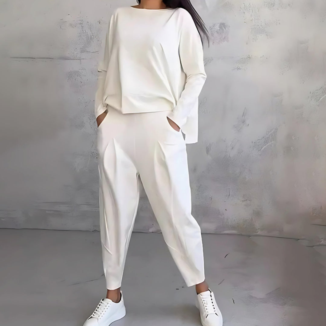 Women's Casual Loose-Fit Long-Sleeve Top Tapered Pants Two-Piece Set - White