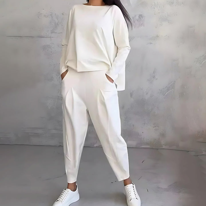 Women's Casual Loose-Fit Long-Sleeve Top Tapered Pants Two-Piece Set - White