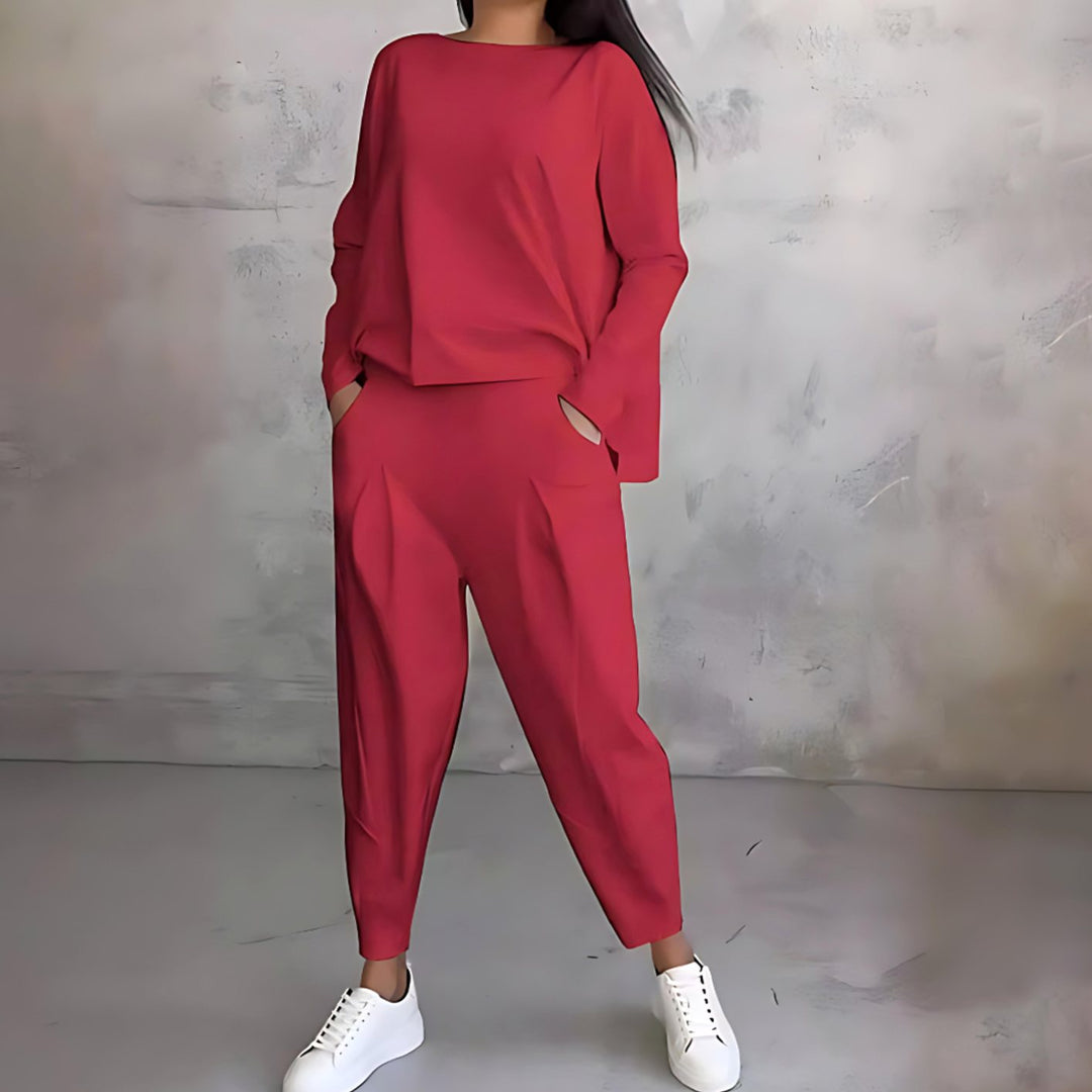 Women's Casual Loose-Fit Long-Sleeve Top Tapered Pants Two-Piece Set - Red