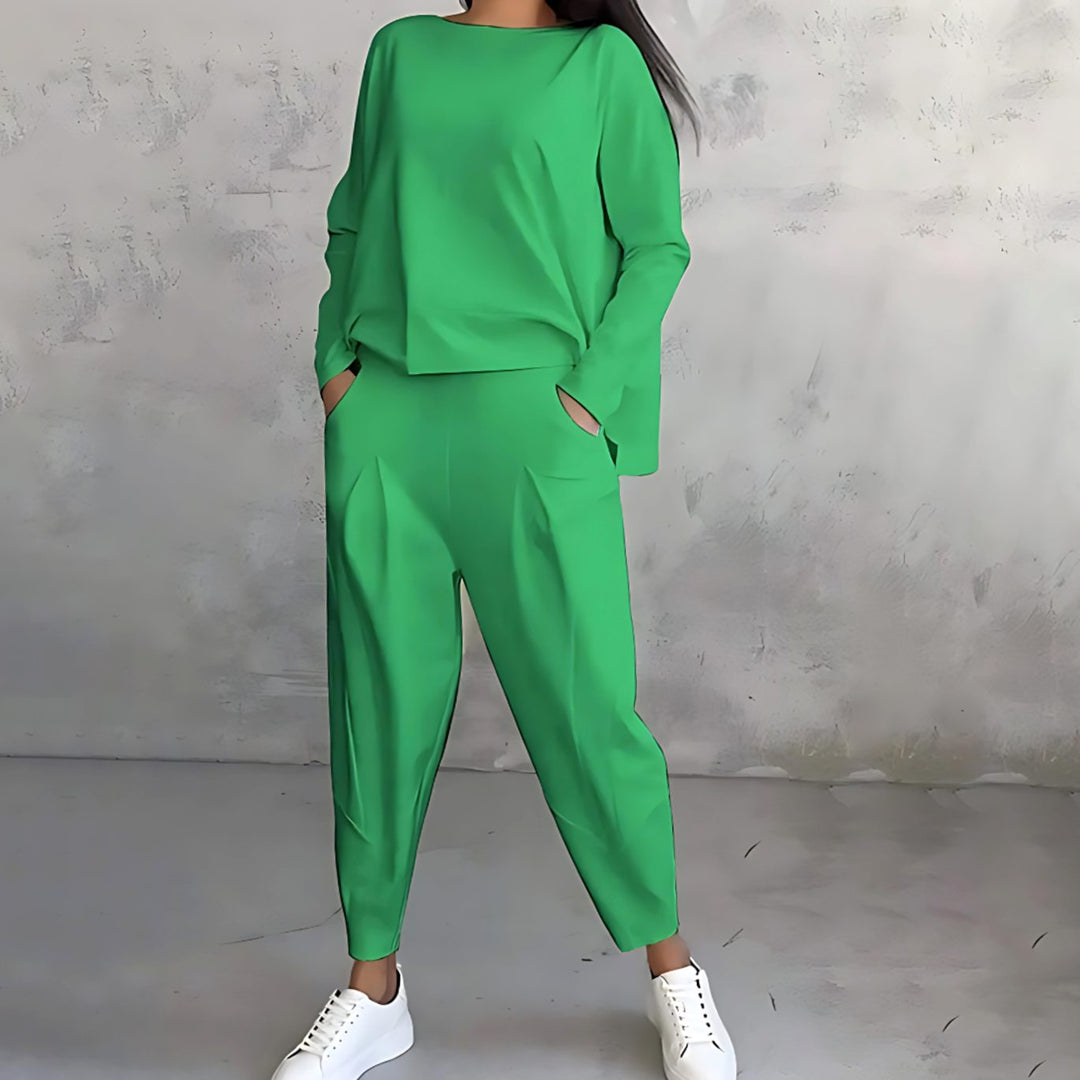 Women's Casual Loose-Fit Long-Sleeve Top Tapered Pants Two-Piece Set - Green