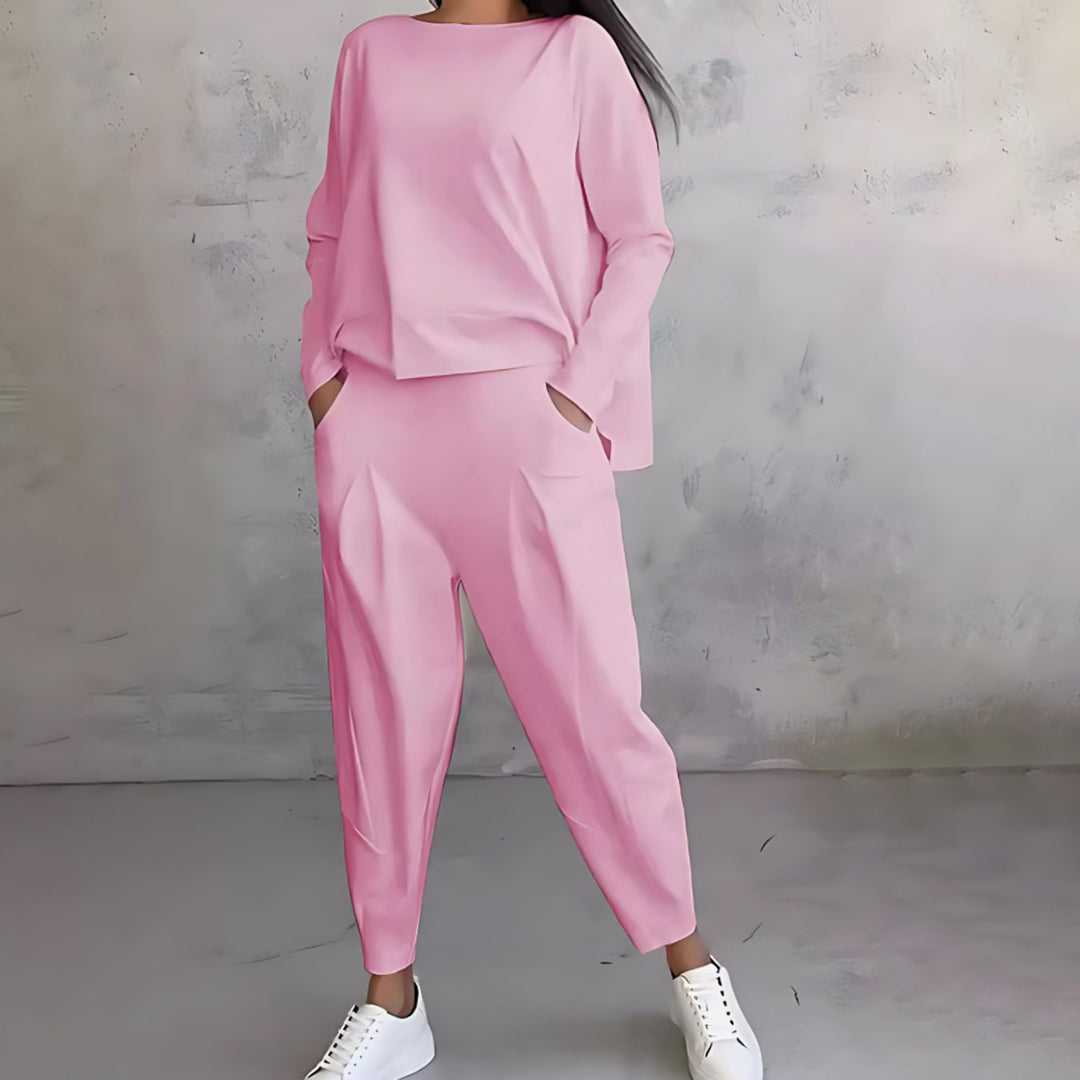 Women's Casual Loose-Fit Long-Sleeve Top Tapered Pants Two-Piece Set - Pink