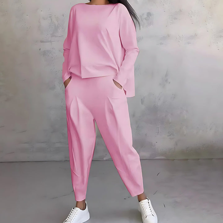 Women's Casual Loose-Fit Long-Sleeve Top Tapered Pants Two-Piece Set - Pink