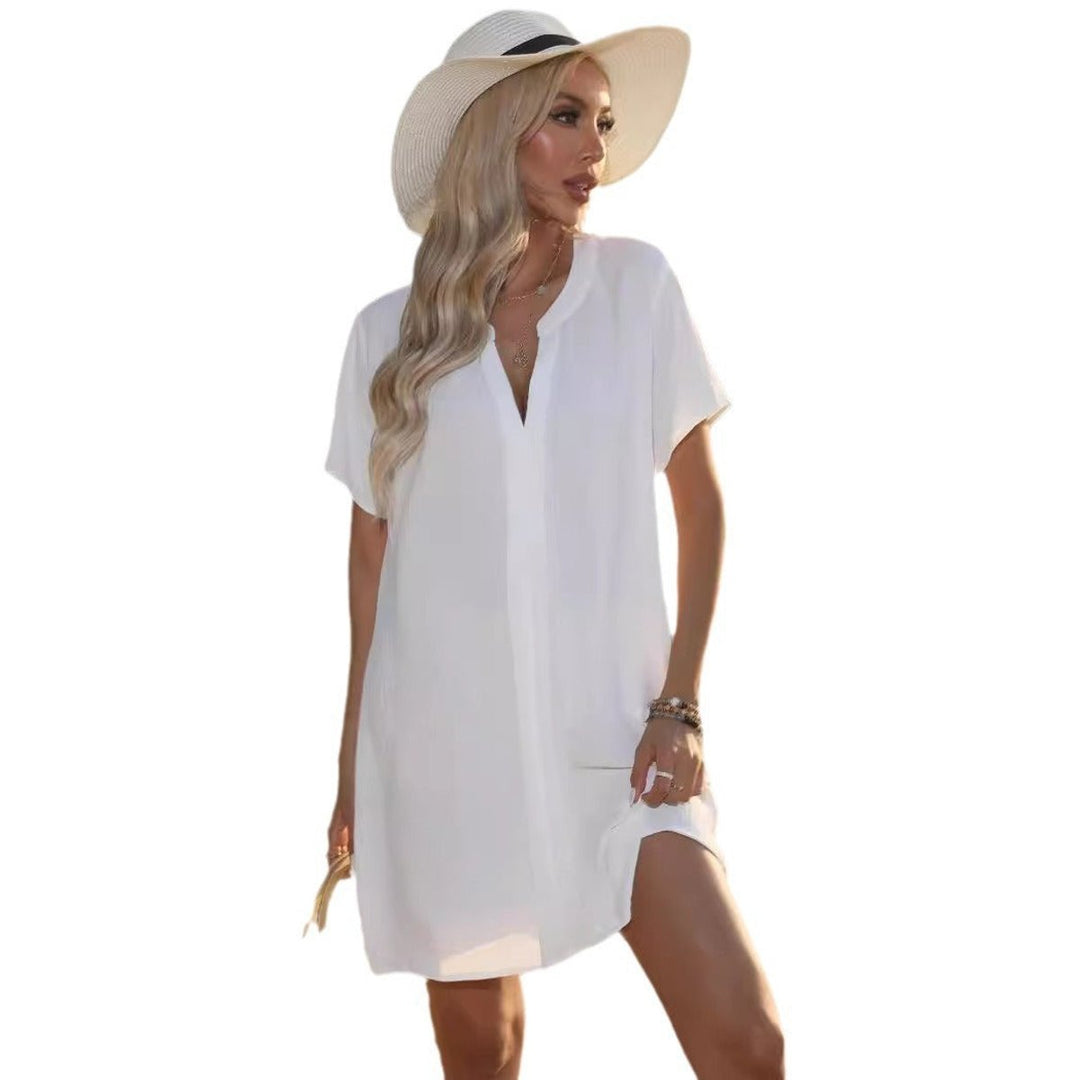 Women's Casual V-Neck Short Sleeve Beach Tunic Dress