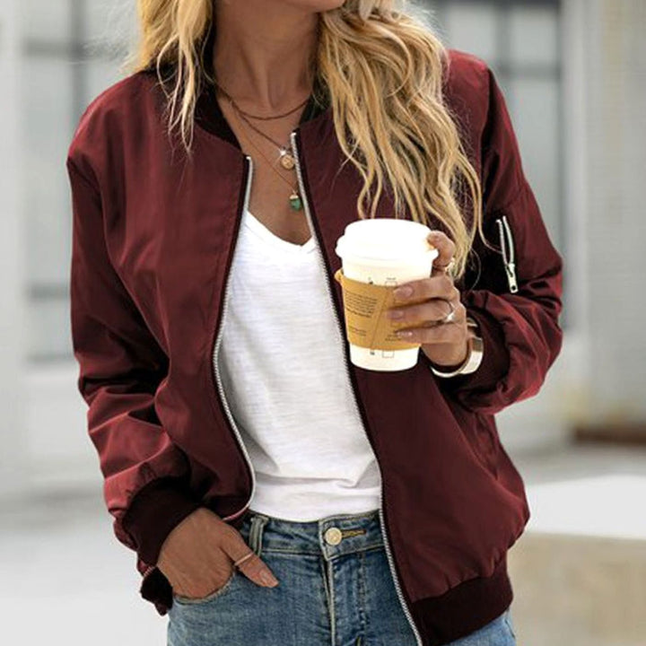 Women's Casual Zip-Up Lightweight Bomber Jacket - Burgundy
