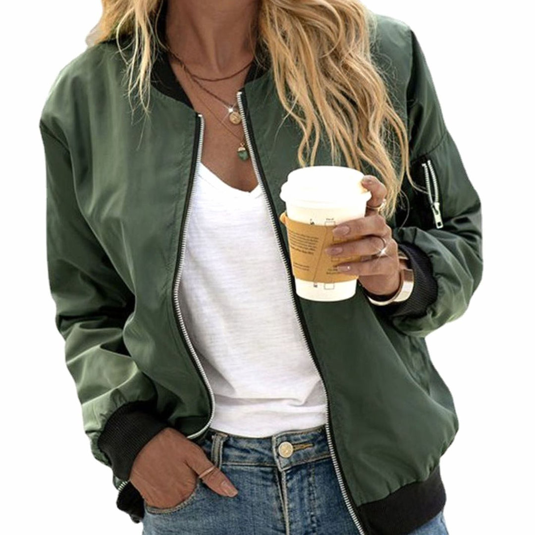 Women's Casual Zip-Up Lightweight Bomber Jacket - Army Green