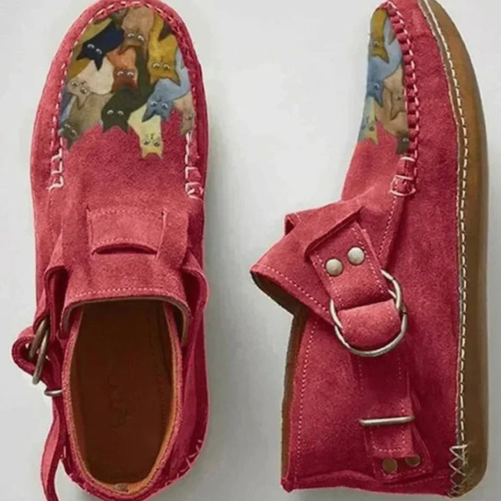 Women's Cat Print Buckle Flat Slip-On Shoes - Red